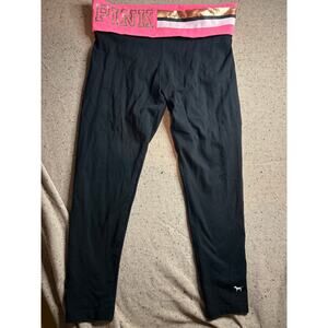 VS PINK Fold Over Yoga Pants Large Black Gold Pink Waist Skinny Leg 2015